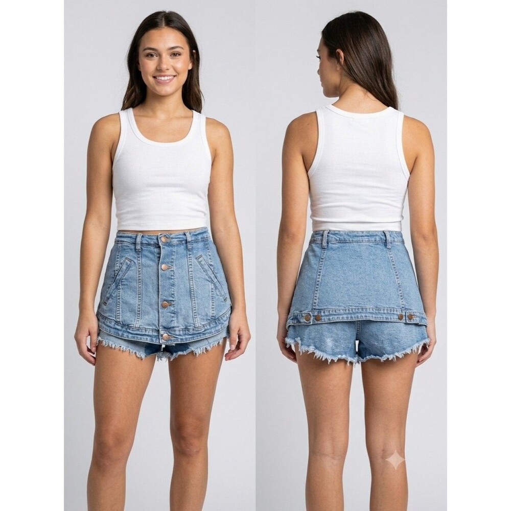 Vibrant MIU Denim Skort Distressed Jean Shorts with Overlay Skirt Sz L summer